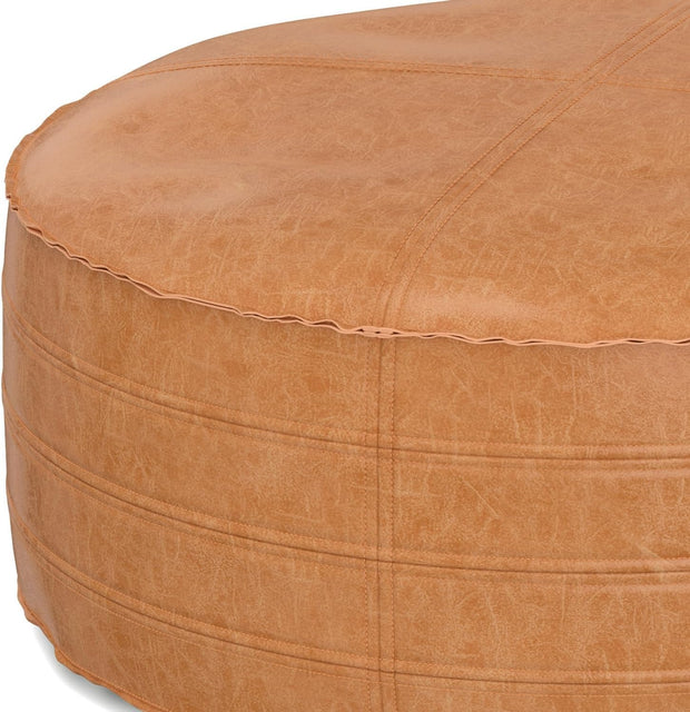 SIMPLIHOME Brody Boho Round Pouf – Distressed Brown Vegan Faux Leather Ottoman for Living Room, Bedroom & Kids Room, SIMPLIHOME Brody boho round pouf in distressed brown vegan faux leather for modern casual spaces, Brody Round Pouf – SIMPLIHOME | Distressed Brown Faux Leather Boho Ottoman
