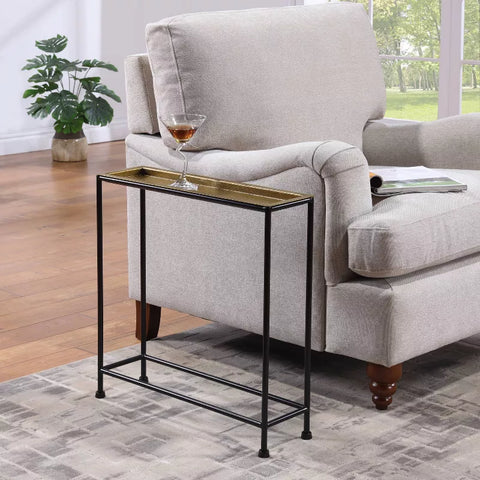 Comfort Pointe Tivoli side table with removable tray top, brass and antique bronze finish, metal frame

