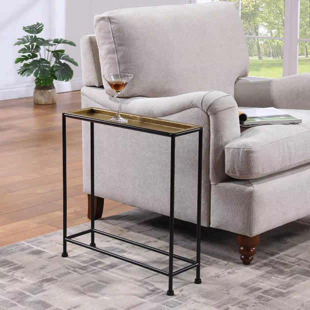Comfort Pointe Tivoli side table with removable tray top, brass and antique bronze finish, metal frame

