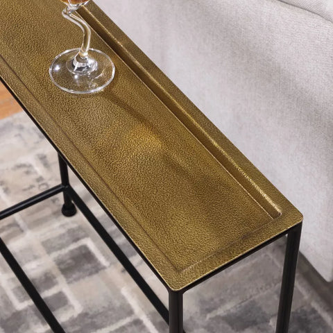 Comfort Pointe Tivoli side table with removable tray top, brass and antique bronze finish, metal frame

