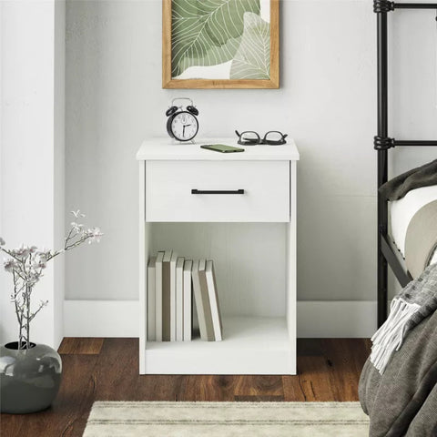 Shop the Ameriwood Home Pearce Nightstand with Drawer from the BrEZ Build Collection. Features easy assembly, drawer storage, and open shelf—perfect for modern bedrooms.