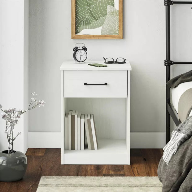Shop the Ameriwood Home Pearce Nightstand with Drawer from the BrEZ Build Collection. Features easy assembly, drawer storage, and open shelf—perfect for modern bedrooms.