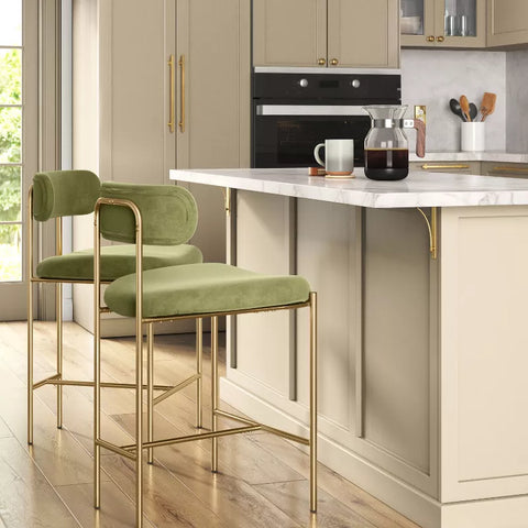 Threshold Orion Luxe counter barstool with upholstered back and brass legs, 24" seat height