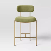 Threshold Orion Luxe counter barstool with upholstered back and brass legs, 24" seat height