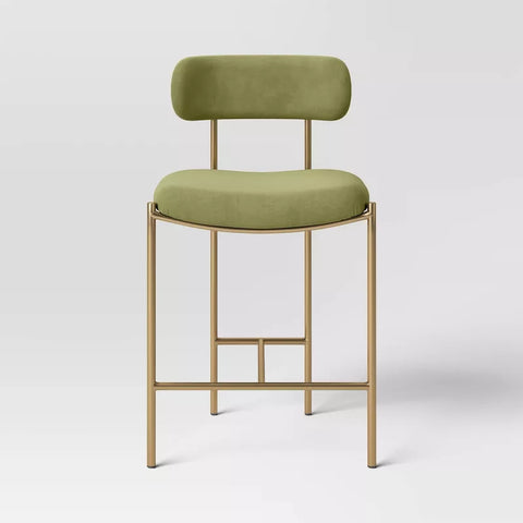 Threshold Orion Luxe counter barstool with upholstered back and brass legs, 24" seat height